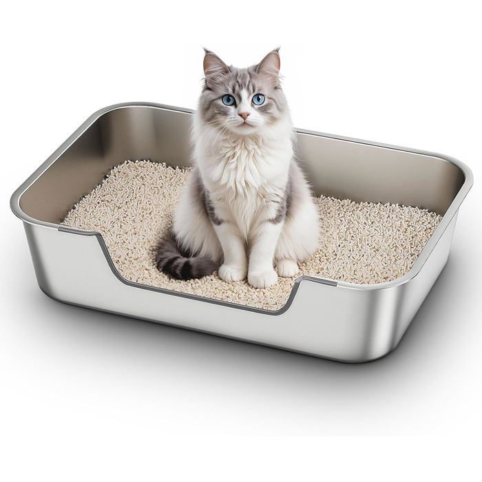 Bac à litière chat acier inoxydable bords bas - 60 x 40 x 15 cm entrée 8 cm - anti-odeurs anti-adhérent facile à nettoyer