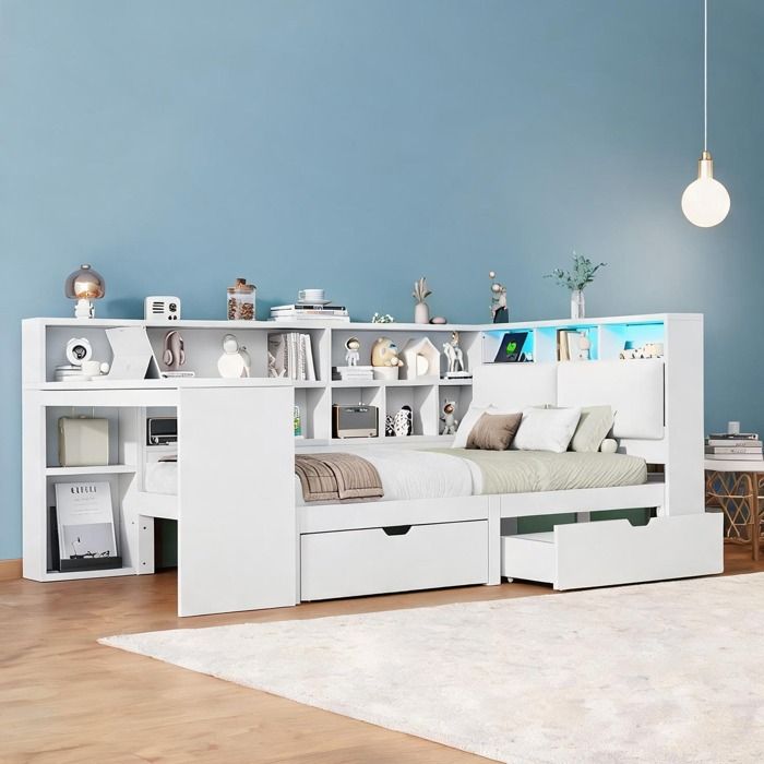 Lit plateforme dangle avec bureau et bibliothèque 140x200 cm bois blanc