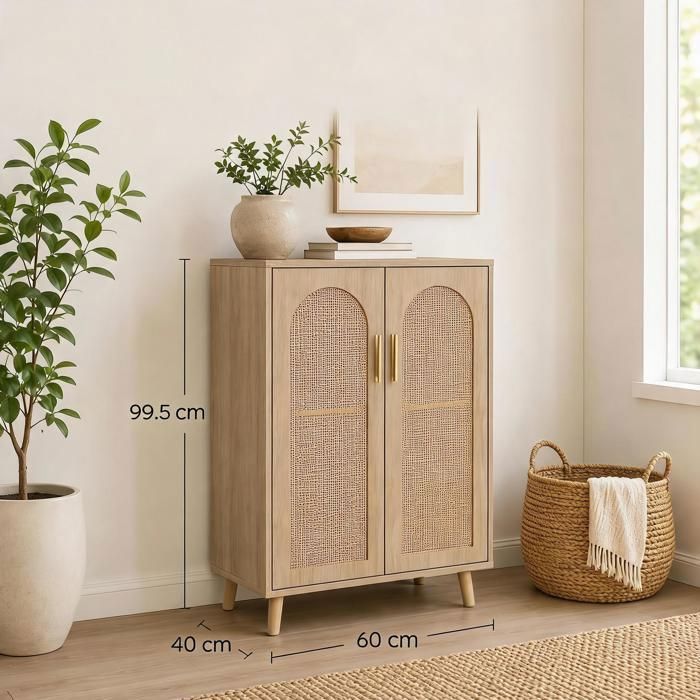 Armoire de rangement – Rotin courbé et bois massif – Étagères ajustables – Parfaite pour entrée ou couloir – 60 x 40 x 99 cm – Bois