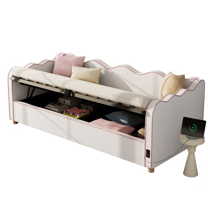 Lit banquette 90x200 cm – Rangement hydraulique USB Type-C bouclé beige sommier à lattes