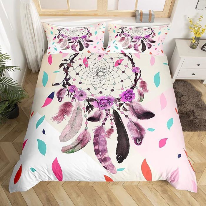 Housse de Couette 200x200 cm Parure de Lit Fille Femme Bohème Design Attrape-Rêves Violet Fleurs et Plumes noi PARURE DE COUETTE