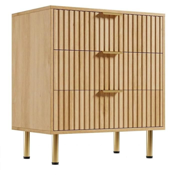 Koioplie Commode 3 tiroirs à façade cannelée design moderne meuble rangement MDF avec pieds dorés Wood color
