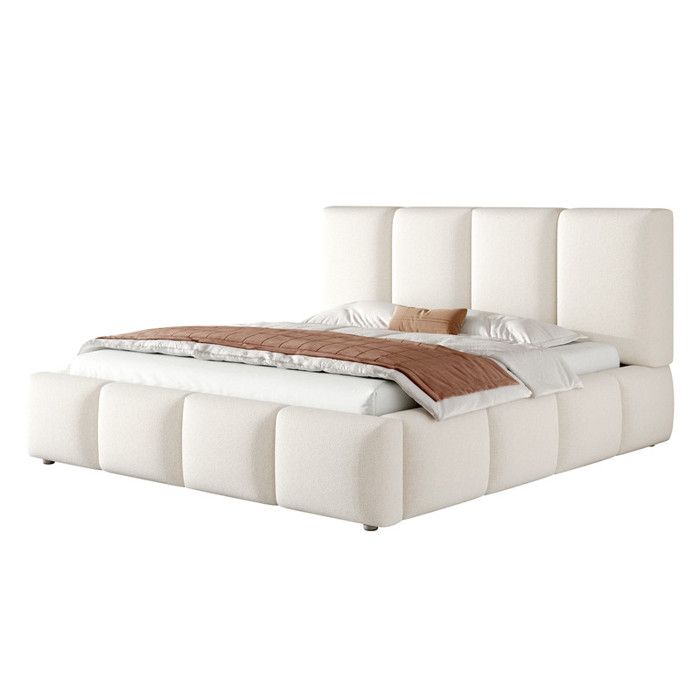 Lit rembourré 160x200 cm bouclé blanc coffre hydraulique avec sommier à lattes grand rangement tête de lit lit double sans matelas
