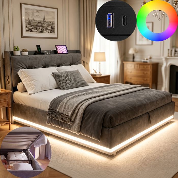 Lit 140x190 avec led et usb lit coffre 140x190 cm avec sommier lit adulte tissu en velours gris