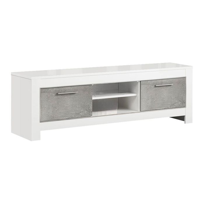 DENAE - Meuble TV 2 Portes L160cm Laqué Blanc Brillant et Gris Marbré DENAE - Meuble TV 2 Portes L160cm Laqué Blanc Brillant et Gris Marbré