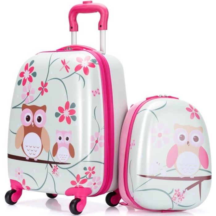 costway valise trolley pour enfants à roulettes 16'' + sac à dos 12'' ensemble de bagage en rose avec motif hibou mignon pour filles
