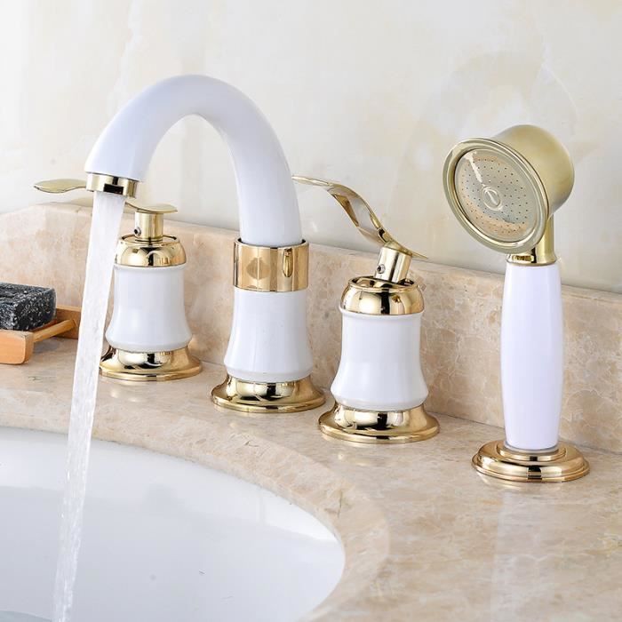 Ensemble de robinets de baignoire monté sur le pont en laiton,ensemble de robinets de baignoire avec douchette à main- White[C2260]