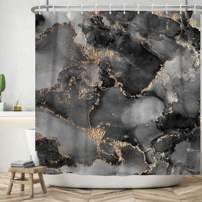 Cortina De Ducha Efecto Mármol - 180x240 Cm, Color Gris Dorado Blanco, Impermeable Y Lavable, Incluye 12 Ganchos