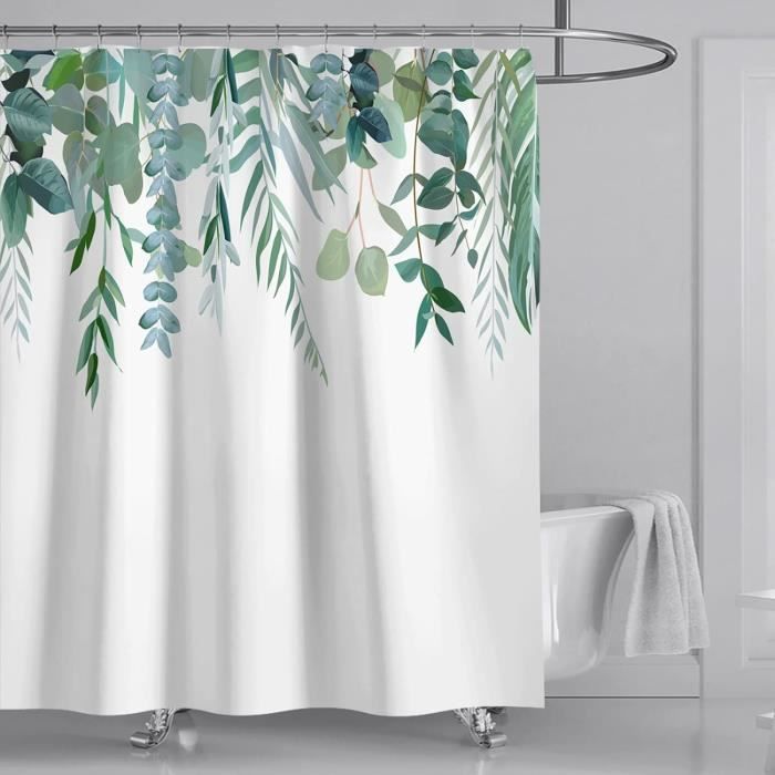 Rideau Douche Bambou, Uiiooazy Rideau de Douche Anti Moisissure 180x200cm Vert Feuilles Bleu et Jaune Rideaux de Baignoire Tissu Lavable Imperméable Polyester Rideaux Salle de Bain avec 12 Crochets