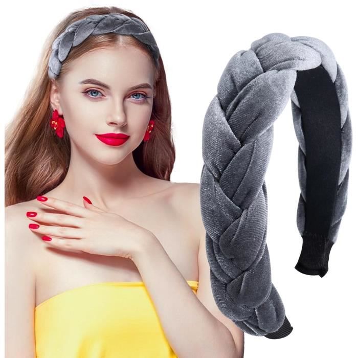 Serre-Tête Tressé Large 4.5 Cm Gris – Bandeau Cheveux Élégant Femme Et Fille, Confort Élastique