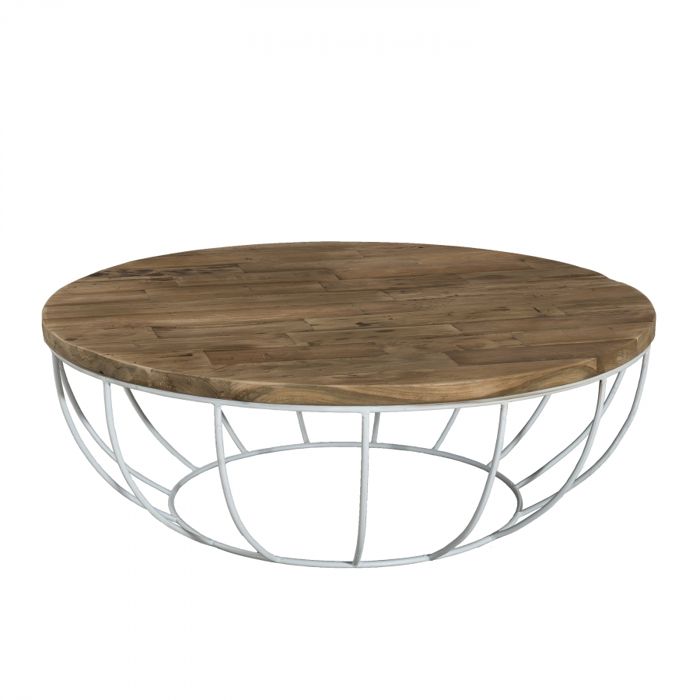 Table Basse Ronde Style Industriel En Bois Teck Pieds En Metal