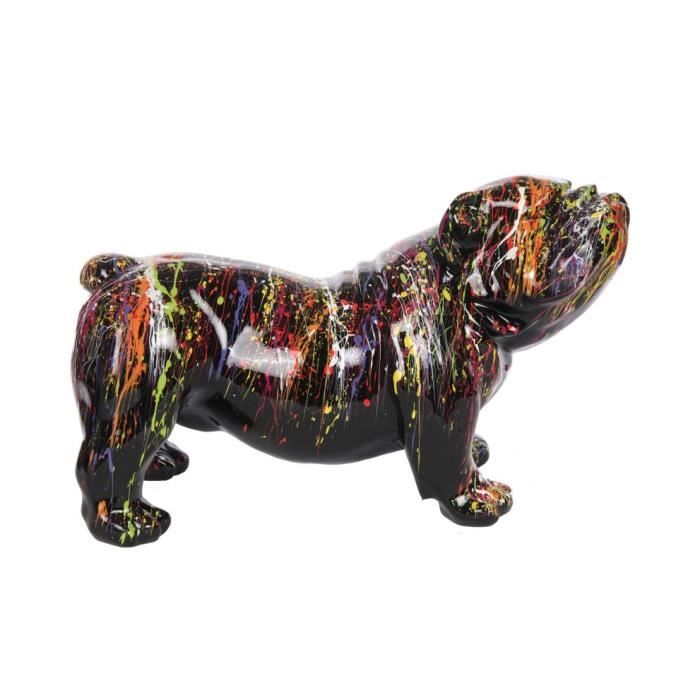 Grande Statue Chien Bouledogue Anglais Noir - 90 Cm - Collier Doré - Résine