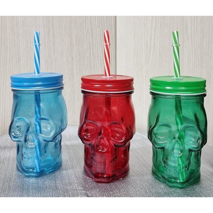 Lot de 3 verres Skull avec couvercle à visser et paille réutilisable sans BPA de 430 ml