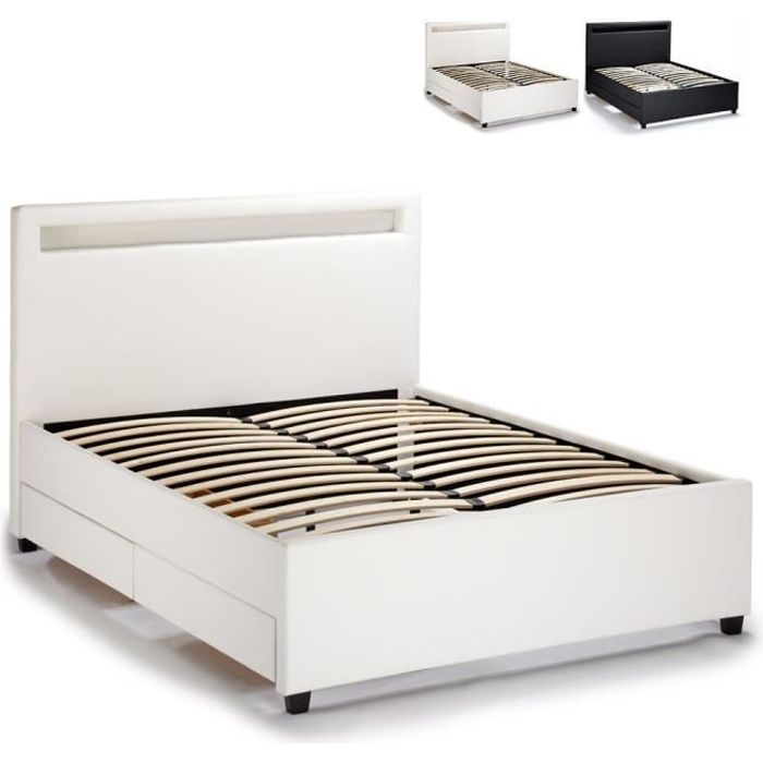 lit a la francaise moderne a 1 place et demi avec tiroirs et tete de lit a led 120x190 geneve couleur blanc cdiscount maison