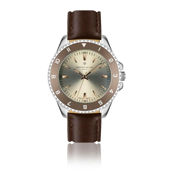 Montre en cuir Philipp Blanc Avenches - marron - 42 mm - pour homme