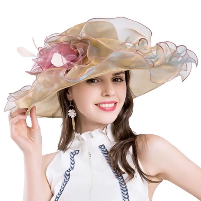 chic organza chapeau de soleil femme fleur large bord plage cérémonie or