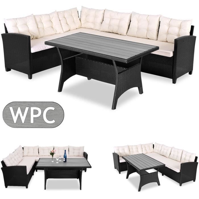 Salon de jardin lounge en polyrotin Canapé d'angle avec table 6 personnes Salon d’angle extérieur modulable