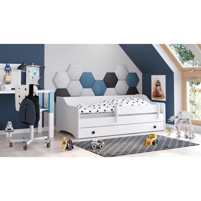 lit simple pour enfant, lit bébé avec antichute pour chambre, 164x85h60 cm, couleur noir et blanc