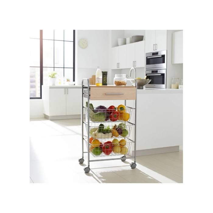 Desserte de cuisine ALESIA 3 paniers tiroir et plateau hêtre Gris aluminium DON HIERRO. Desserte de cuisine ALESIA 3 paniers tiroir et plateau hêtre Gris aluminium DON HIERRO.