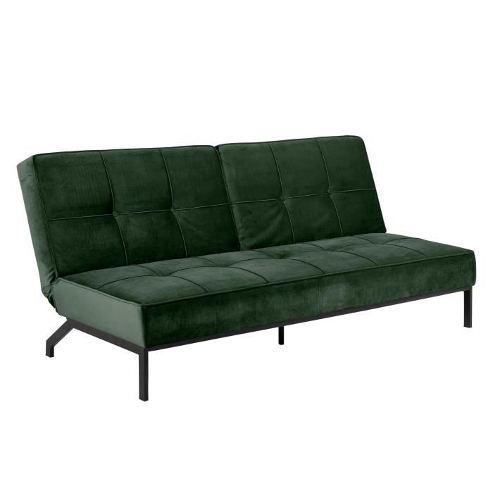 canapé-lit giovanni avec revêtement vert forêt en velours et piétement noir.