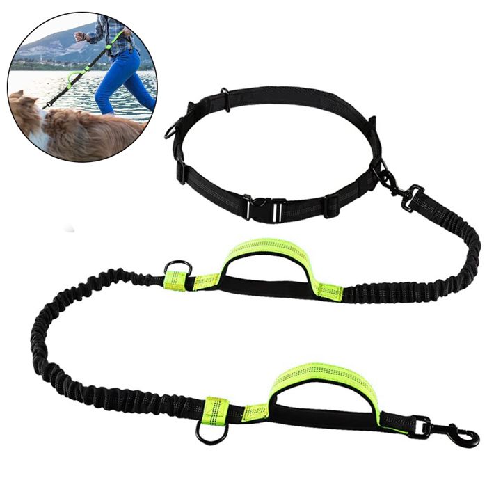 Comparer les prix de Laisse pour chien,laisse mains libres améliorée avec deux élastiques,longue laisse en nylon avec sangle de taille réglable,2.5*160cm
