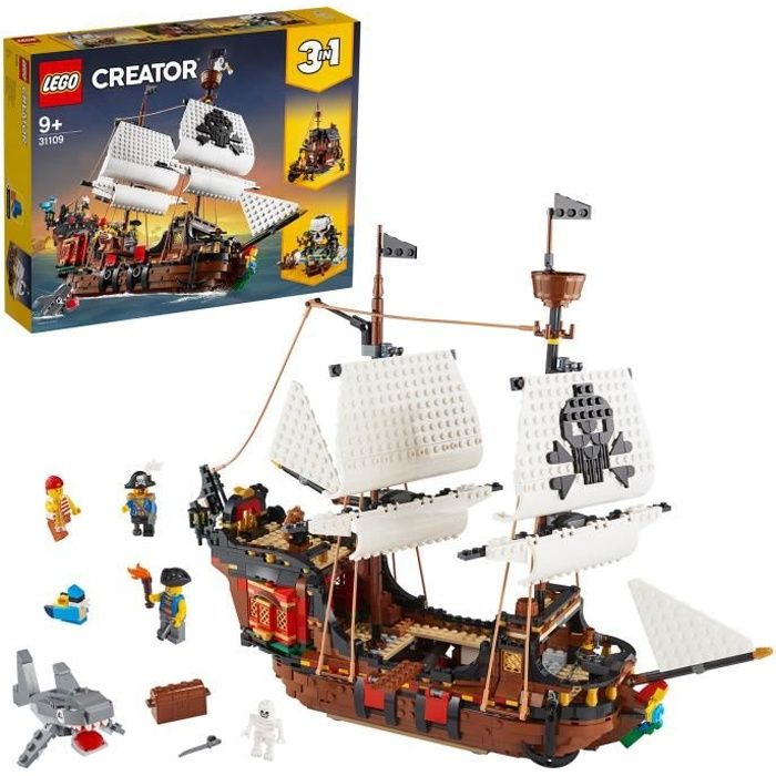 lego® creator 3-en-1 31109 le bateau pirate, jouet, figurine animaux marins, jouet requin, figurine squelette, enfants 9 ans