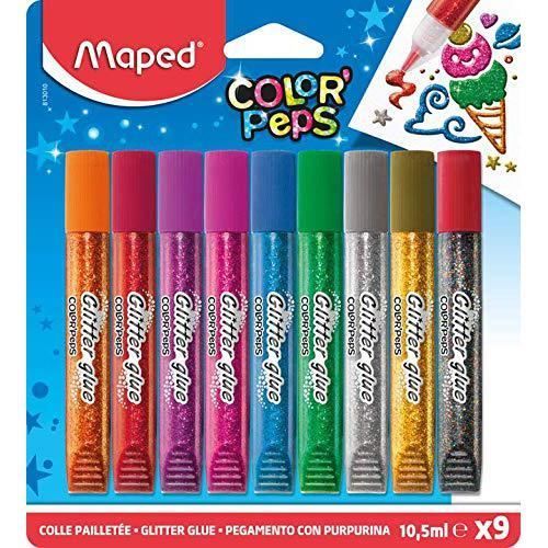 Maped Color'Peps Tubes de colle Pailletées pour enfant Effet Brillant, Facile à utiliser avec Embout Fin - 9 Tubes de 10.5 ml