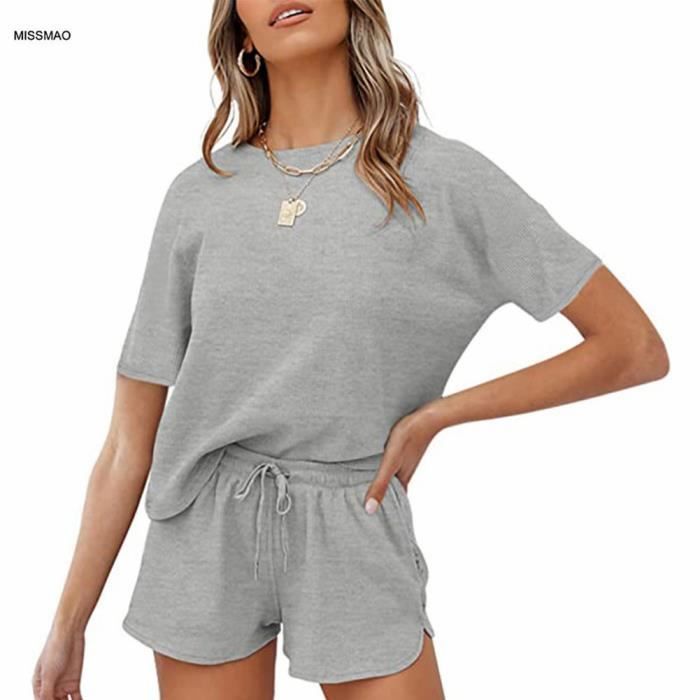 Femme 2 Pieces Ensemble Pyjama d ete avec Cordon de Serrage Couleur unie Confortable Vetements D interieur Chemise de Nuit Grise Grise Cdiscount Pret a Porter