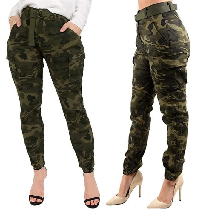 Pantalon camouflage cargo taille haute pour femme avec ceinture assortie Vert Vert Cdiscount Sport