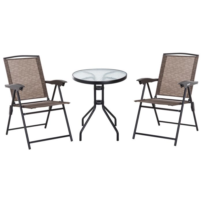 Ensemble de jardin 3 pièces 2 chaises inclinables multi-positions pliables + table ronde verre trempé métal époxy textilène