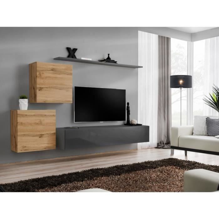 meuble tv mural - price factory - switch v - gris brillant et chêne wotan - 3 portes - 180x30x40 cm