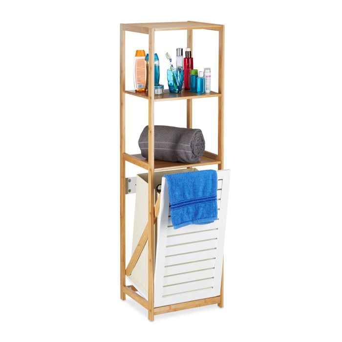 Relaxdays Étagère de salle de bain avec panier à linge bambou meuble sur pied 3 casiers HxlxP: 130 x 37 x 33 cm nature