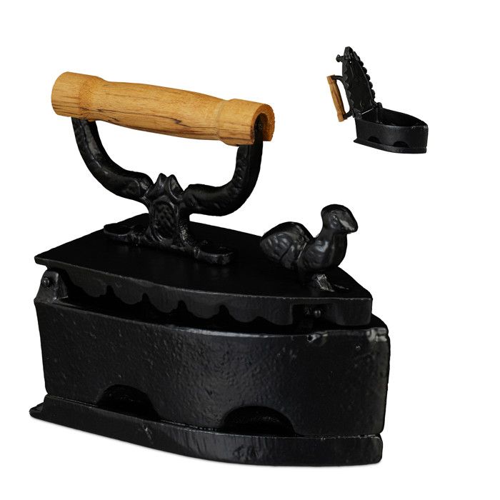 Relaxdays Fer à repasser décoratif design antique poignée en bois nostalgie charbon métal fonte de fer noir - Relaxdays
