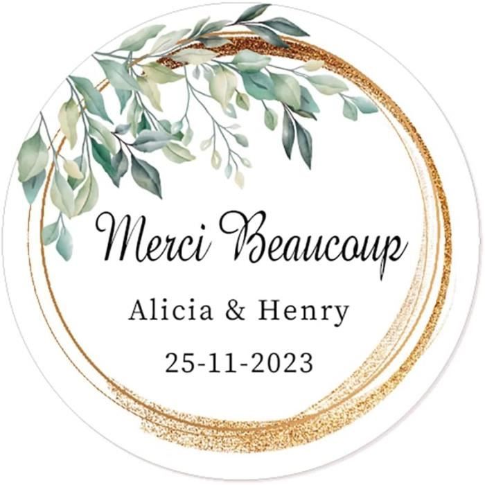 50 Autocollants Personnalisés 'Merci' Pour Mariage - Ronds 40mm - Parfaits Pour Dragées Et Cartes - 6