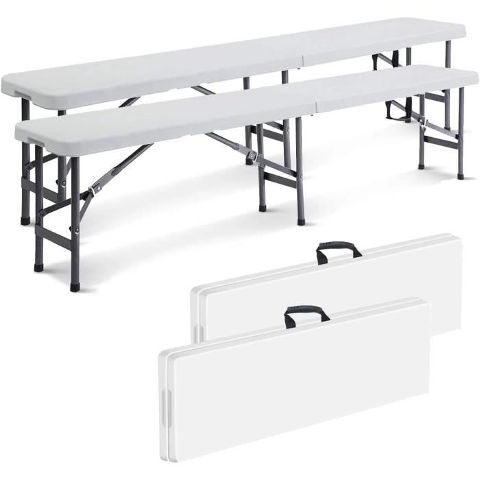 Banc De Camping Pliant En Plastique - 180 Cm - Gris - Supporte 600 Kg - Poignée De Transport
