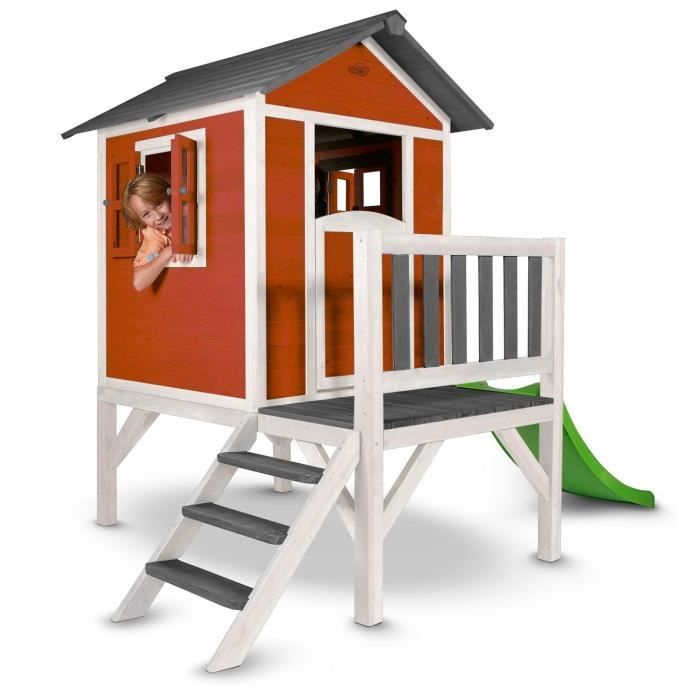 AXI Maison Enfant Beach Lodge XL en Rouge avec toboggan en vert clair | Maison de Jeux en bois FFC pour les enfants | Maisonnette