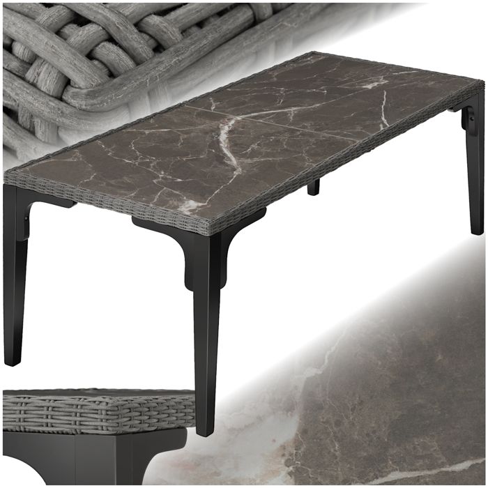 Table de jardin - TECTAKE - Table de repas FOGGIA en rotin avec plaque en grès amovible cadre aluminium 196 x 87 x 76 cm - Gris