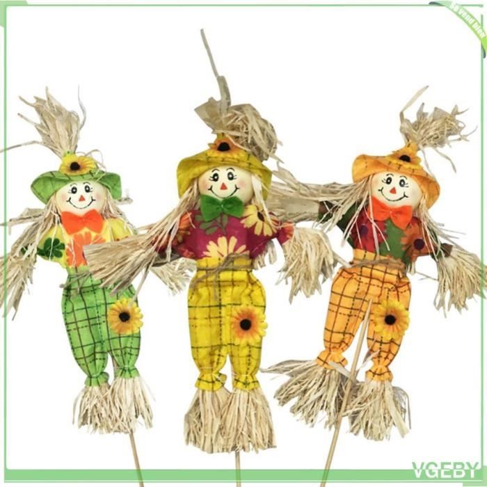 Lot De 4 Petits Épouvantails Halloween Automne – 34 Cm Avec Bâton Bambou, Déco Jardin & Thanksgiving