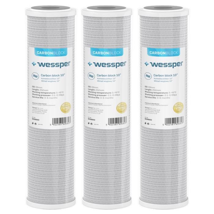 Lot de 3 cartouches de charbon actif bloc Wessper pour osmose inverse et filtration d'eau - 5 microns