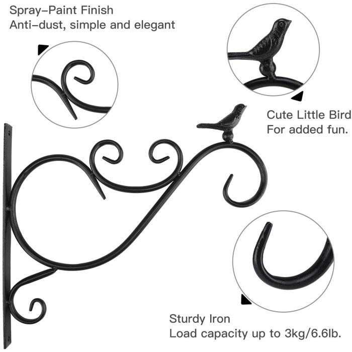 Crochet pour Suspension Mural Noir, Support de panier suspendu en métal fer  pour pot de fleur plante,lanterne carillons éoliens mangeoire pour oiseaux  Jardin de patio intérieur extérieur (2pcs) : : Jardin