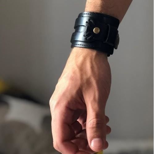 Bracelet de force homme cuir noir tendance rock biker Achat