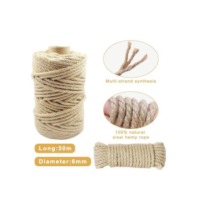 Rouleau De Corde En Sisal Naturel 100 M X 6 Mm - Pour Arbre à Chat, Griffoir DIY, Décoration - 100% Biodégradable Et Sans Produits Chimiques - 2