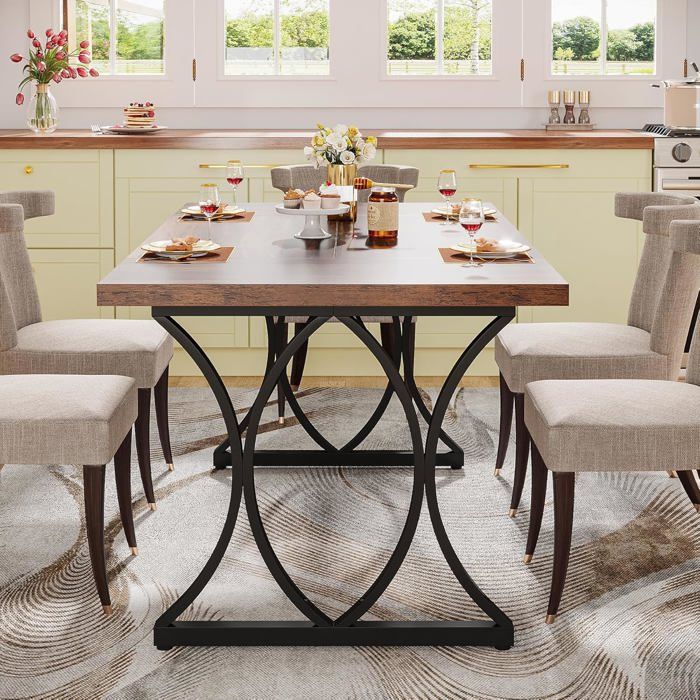 Table à Manger Rectangulaire 140x80x75 Cm - Plateau MDF Marron, Pieds Métal - Pour 4 à 6 Personnes - Salon, Salle à Manger - 6