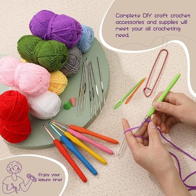 Kit Crochet Débutants 7CDXD - 12 Pelotes Laine, 14 Crochets, Accessoires, Sac - Cadeau Créatif Complet Pour Apprendre