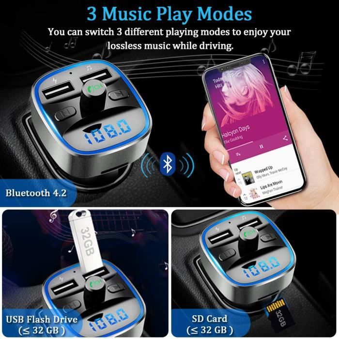 ORIA Émetteur FM Bluetooth 5.3 Pour Voiture, Adaptateur Bluetooth Avec 2 Ports USB (2,4A Et 1A), Adaptateur Radio De Voiture, Mains Libres, Affichage LED, Carte TF Et Clé USB Disponibles – Bleu