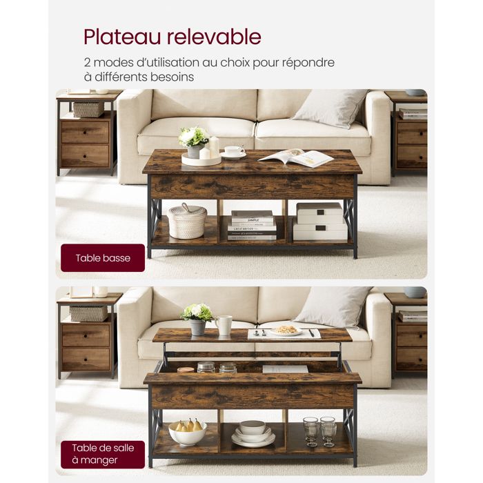 Table Basse Relevable VASAGLE Avec Rangement - Style Industriel - 60x100cm - Marron/Noir