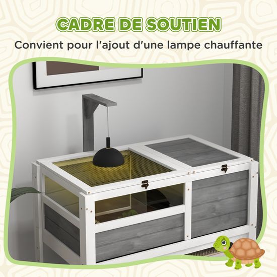 PawHut Enclos Tortue, Maison Tortue Terrestre Exterieur En Bois Avec Support De Lampe, 2 Plateaux Coulissants, Cage Pour Tortue De Terre, Lapins Et Petits Animaux - Dim. 81 X 48 X 31,5 Cm, Gris Clair