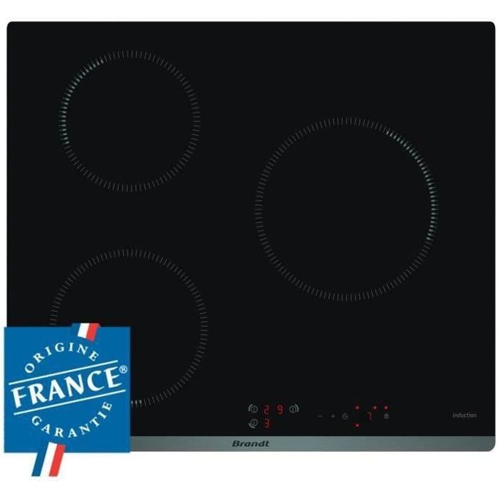 Table de cuisson induction BRANDT - 3 zones - 4600W - Revêtement verre - Noir - L58 x P51 cm - BPI63