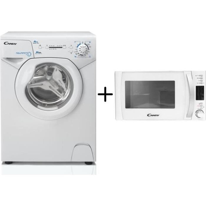 Pack Micro ondes monofonction CANDY CMXW20DW - 20L - 700W + Lave-linge hublot CANDY AQUA1041D1 - 4 kg - 1000 tours/min