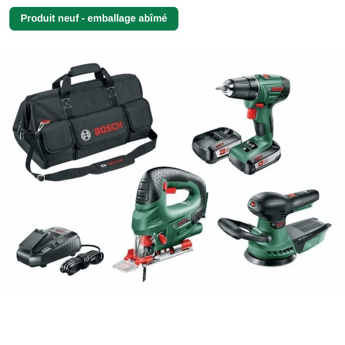 [NEUF – emballage abimé] Pack 3 outils sans fil 18V Bosch Perceuse PSR 1800 LI 2 + scie sauteuse PST 18 + ponceuse excentrique
